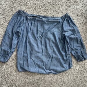 Chico's Womens Off The Shoulder Chambray Linen Blend Top 3/4 Slv Size 3 Blue